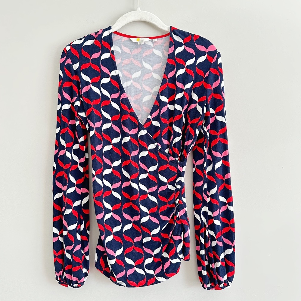 Boden Elodie Faux Wrap Geometric Red & Blue Long Sleeve Abstract Blouse Size 4